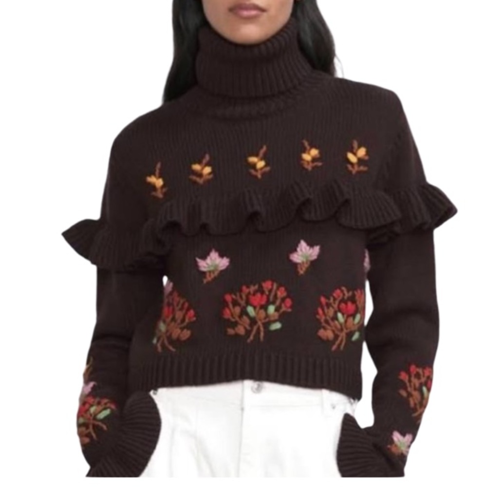 Zara Ruffle Floral Embroidered Sweater